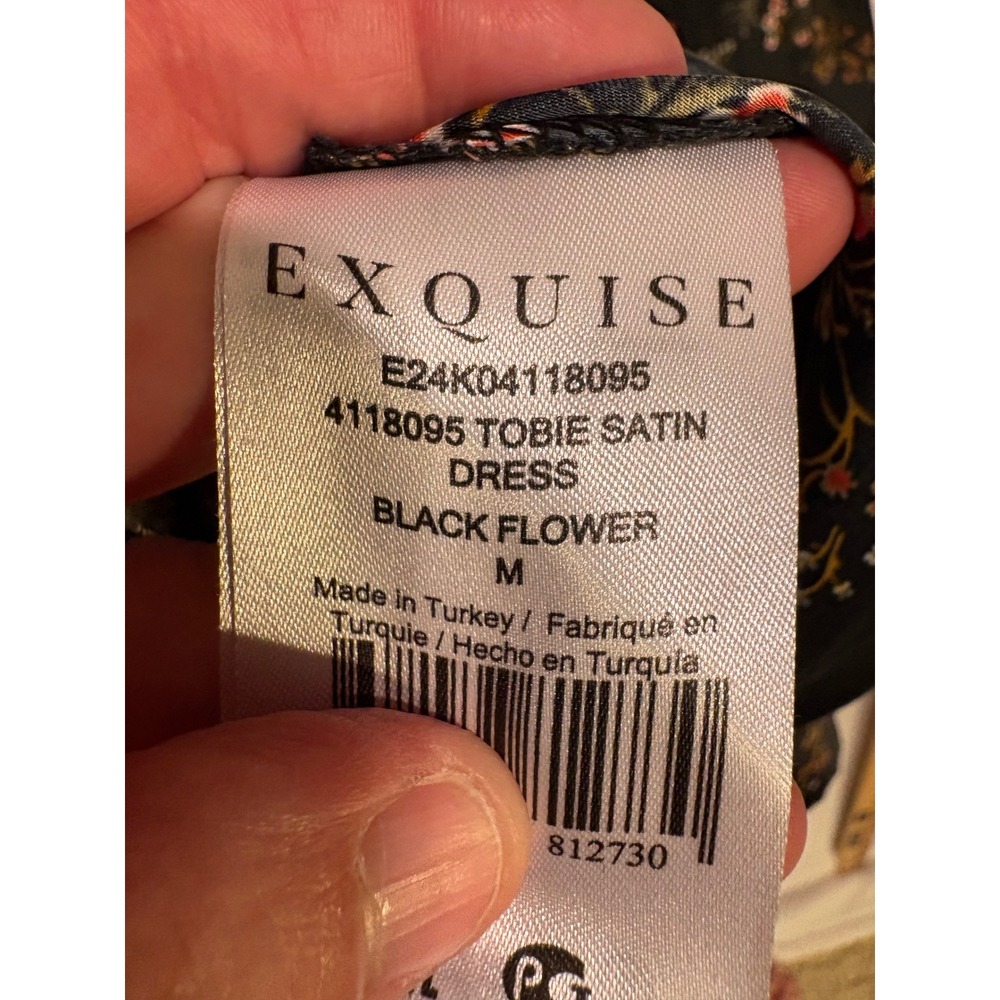 Exquise Anthropologie Floral Shirt Dress Black Satin Pleated Mini Pockets Size M - Picture 11 of 12